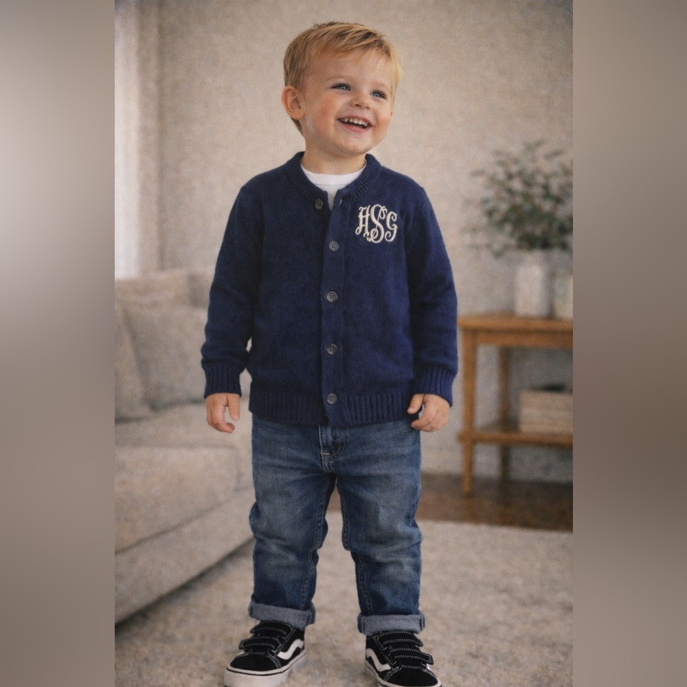 Vintage May Knit Kids‎ Navy Blue Monogram Cardigan Sweater 100% Orlon Acrylic